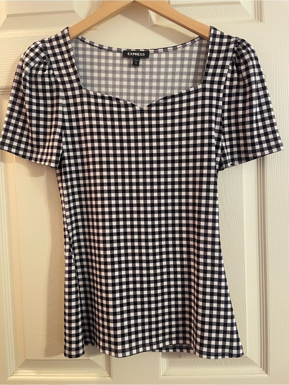 Express Black and White Gingham Square Neck Short Sleeve Top
